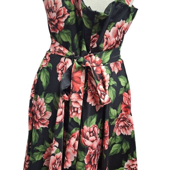 Papillon Rose Dress Womens Large Midi Tie Belt Waist Zip Back Pink Green Floral - Picture 10 of 15